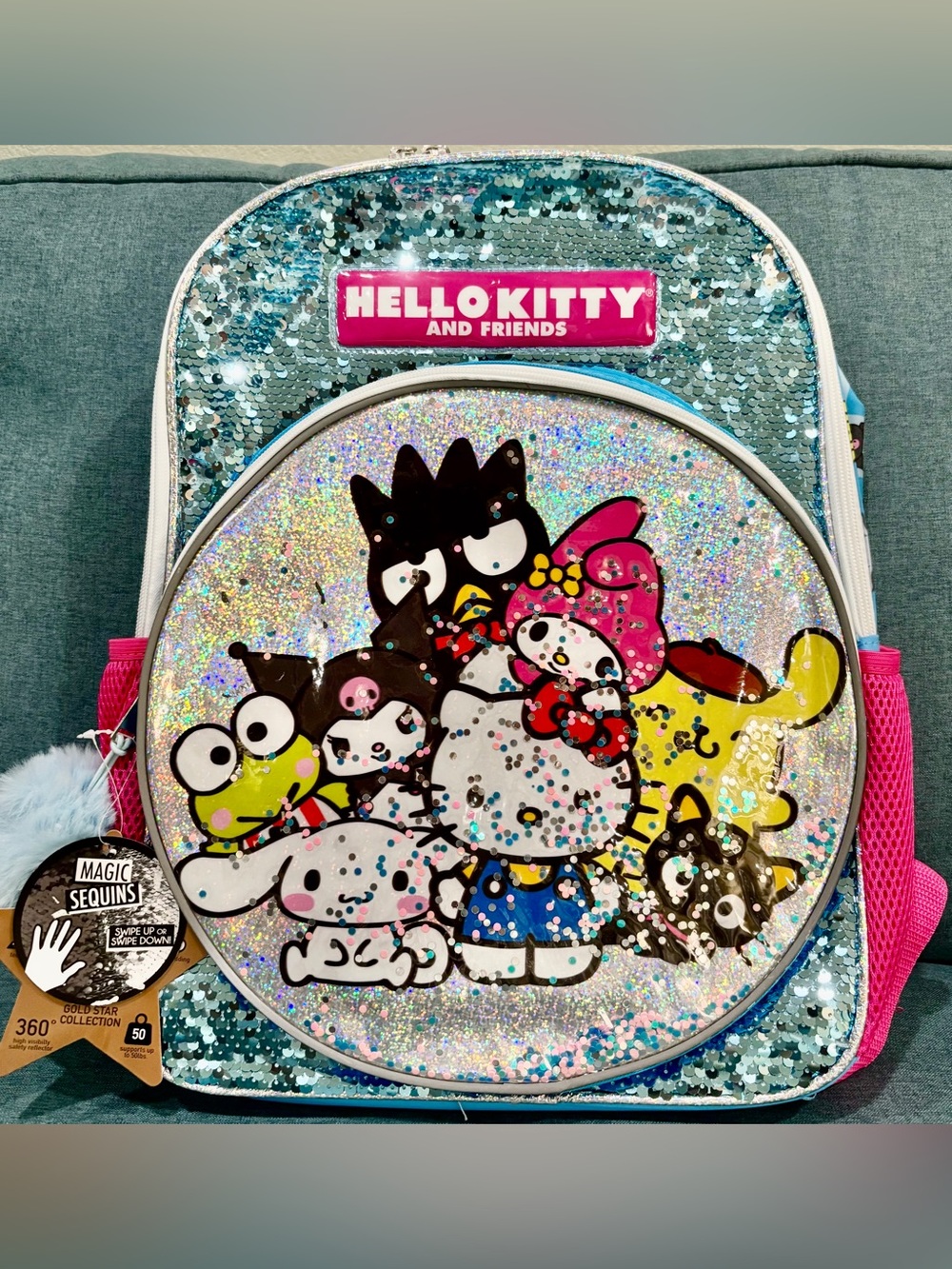 HELLO KITTY AND FRIENDS Blue/Pink/Silver Sanrio Character MAGIC SEQUINS Backpack